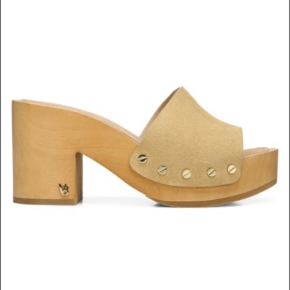 Veronica Beard Tan Mules with Wooden Platform